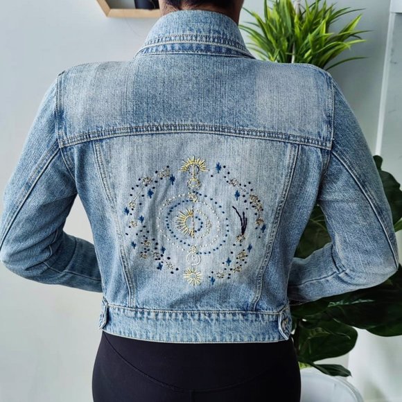 Vintage Handmade Embroidered Denim Jacket "Starry Sky" - Picture 1 of 10